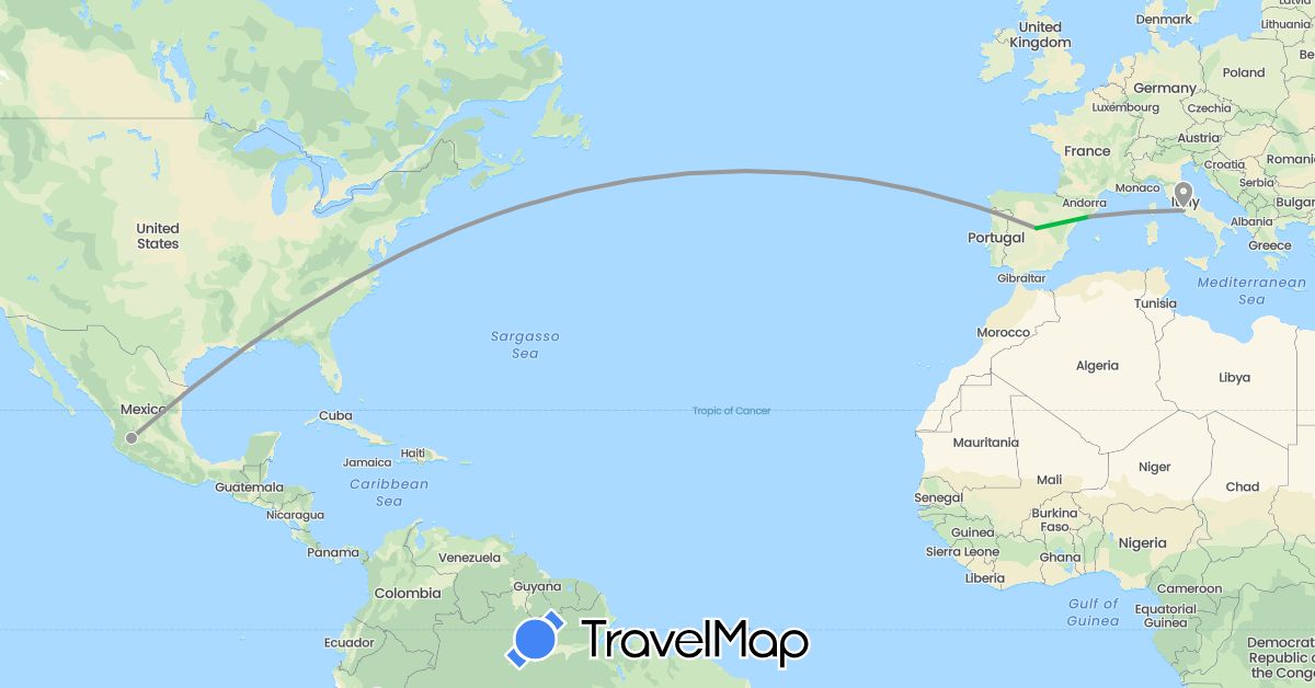 TravelMap itinerary: driving, bus, plane in Spain, Italy, Mexico (Europe, North America)
